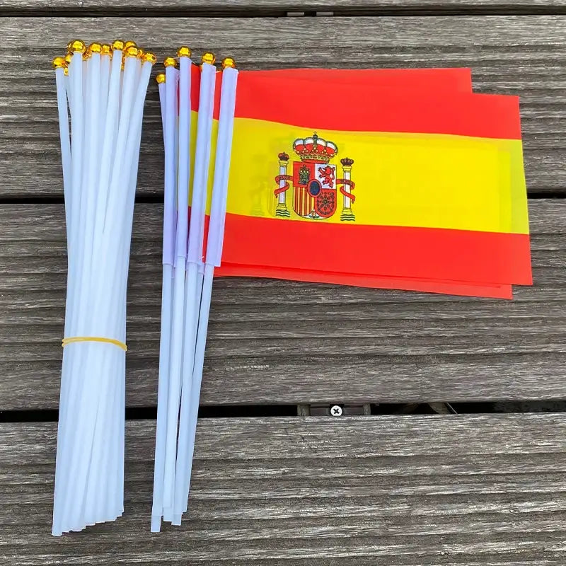 Spain National Flag Handheld Flags 14x21 Cm Plastic Flagpole 100 Pcs