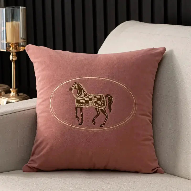 Cushion cover pink velvet with gold horse embroidery inside oval frame, 45x45cm, Simples Market