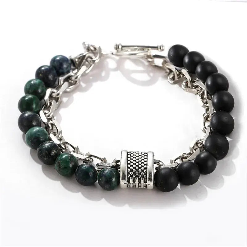 Fashion Punk Frosted Stone Chain Geometric Double Layer Beaded Bracelet Stainless Steel All Match Trend Accessory