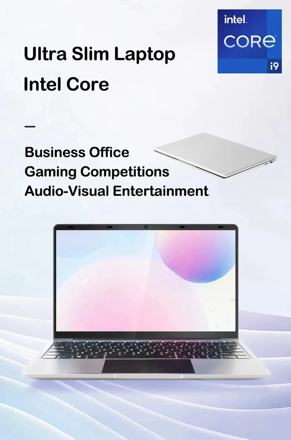 Laptop by Simples Market, ultra-slim silver, open model with Intel Core i9 logo (2 shown)