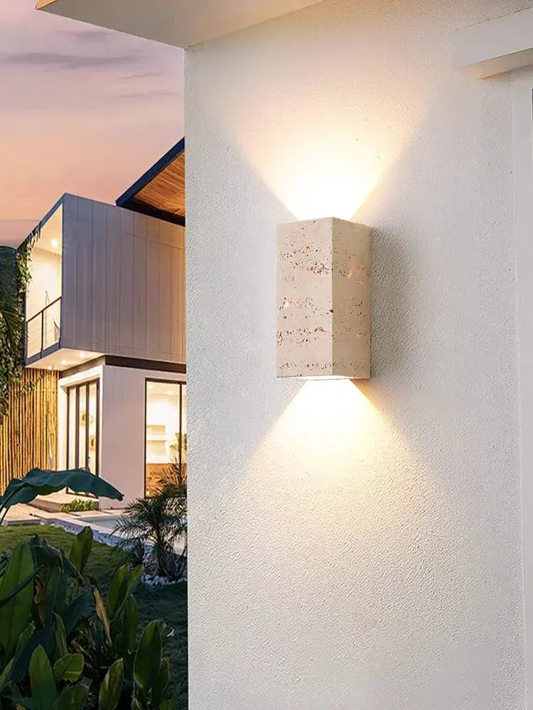Wabi Sabi yellow marble wall lamp, travertine LED wall light with up/down glow for bedroom and living spaces