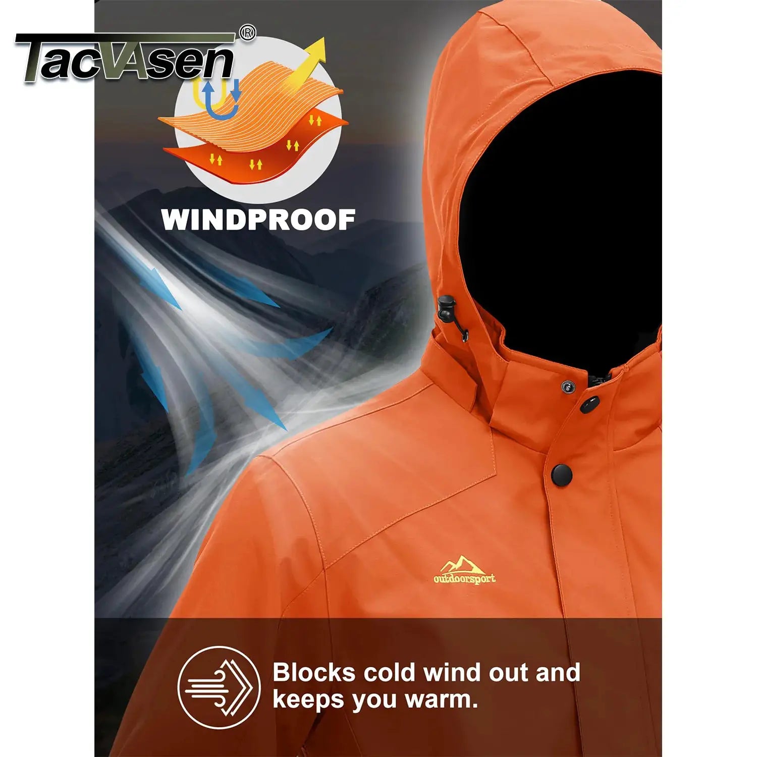 Windproof TacVasen orange jacket with hood for outdoor use, Simples Market branding.