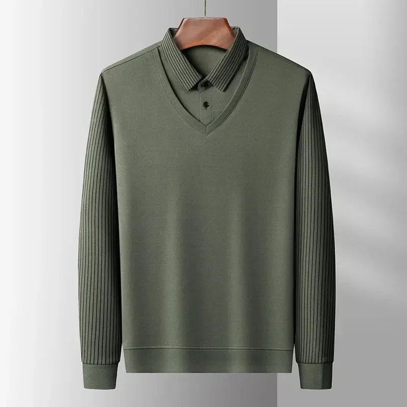 Olive green men's long-sleeve polo top with ribbed sleeves, faux two-piece layered design