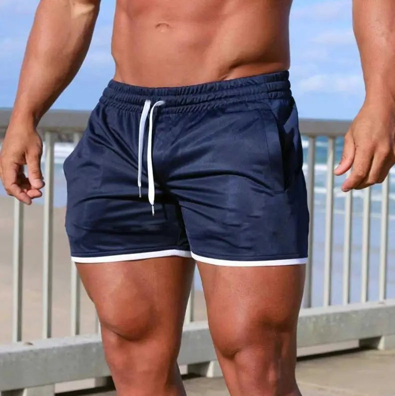 Men's navy blue summer sports shorts with white trim and drawstring, breathable gym and beachwear by Simples Market