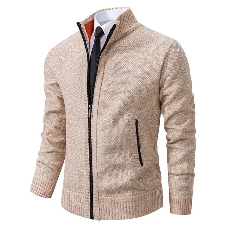 Mens Autumn Winter Solid Color Casual Sports Coat Stand Collar Fleece Lined Zipper Cardigan Warm