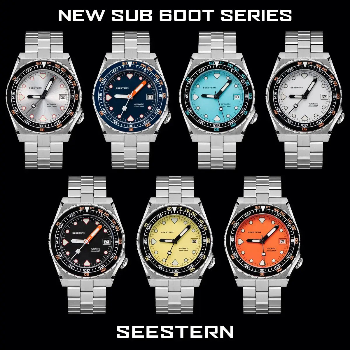 Eight Seestern Sub600T V3 automatic diving watches with stainless steel bracelets in assorted colors