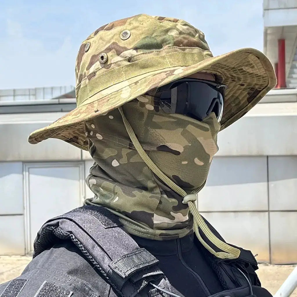 Camouflage boonie hat with integrated neck gaiter mask for outdoor UV protection and sun coverage