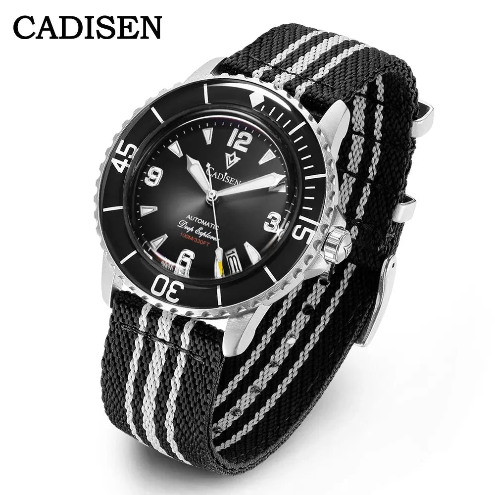 CADISEN Deep Explorer automatic watch with black dial, stainless steel case, striped black-and-white canvas strap