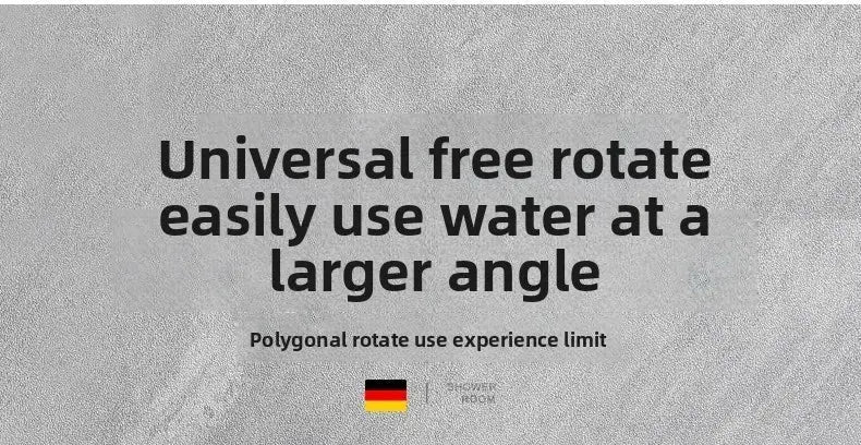 Stainless steel wall-mounted kitchen faucet banner; gray textured background with rotate capability text and German flag