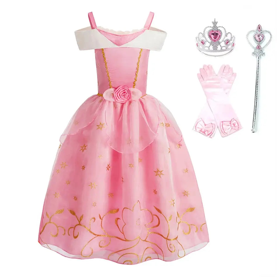 Kids Princess Costume Party Dress With Floral Pattern And Appliques Inspired By Rapunzel And Belle
