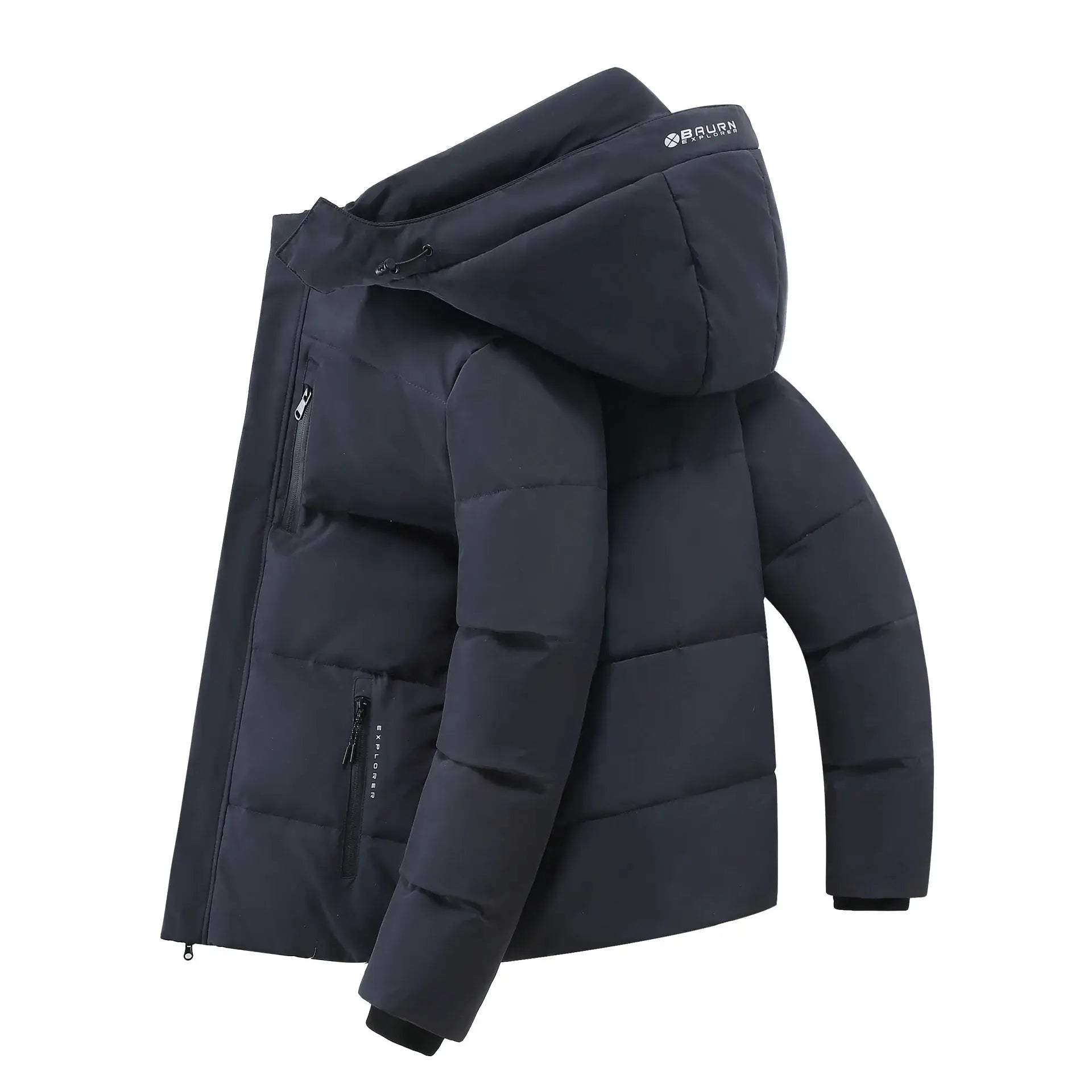 Men's navy BAURN EXPLORER hooded puffer jacket with quilted panels and front zipper