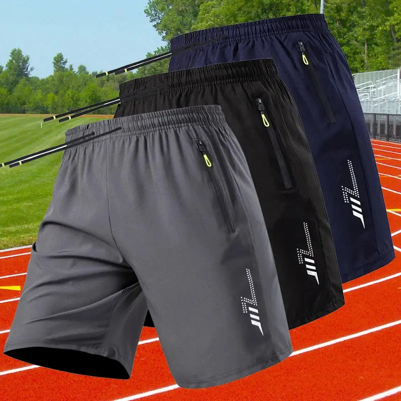 Three-color men's sports shorts set by Simples Market; gray, black, and navy running shorts with zip pockets