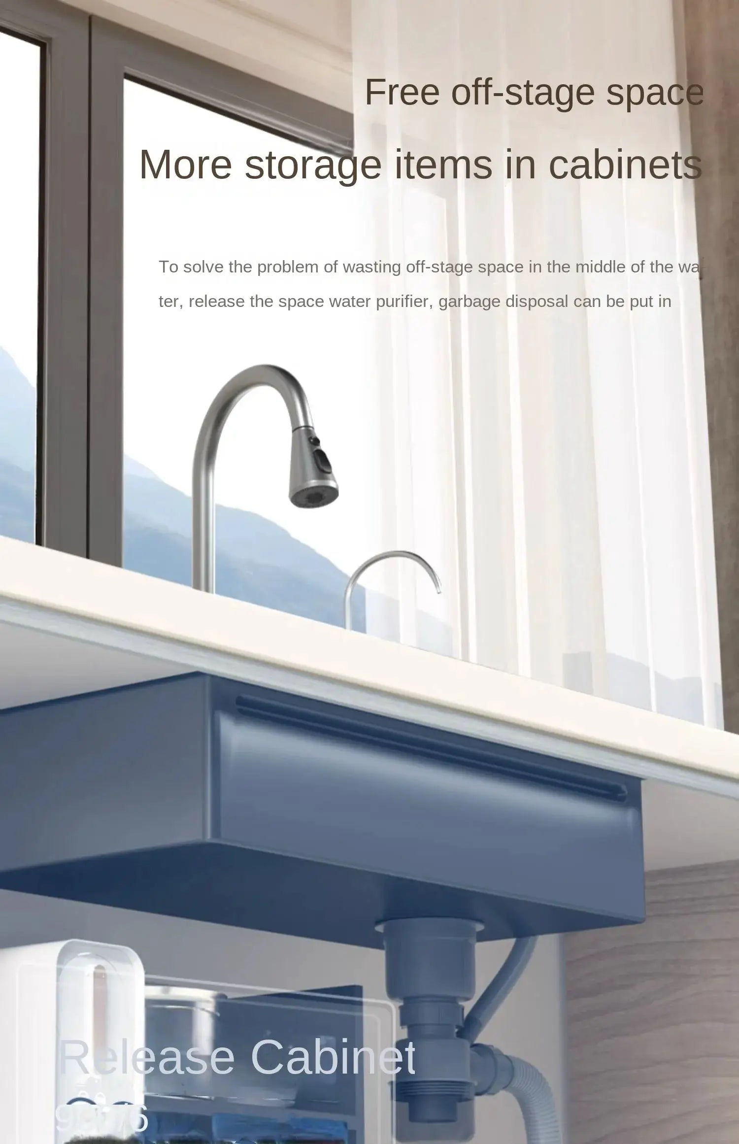 Stainless steel gooseneck kitchen faucet over blue base cabinet with exposed plumbing