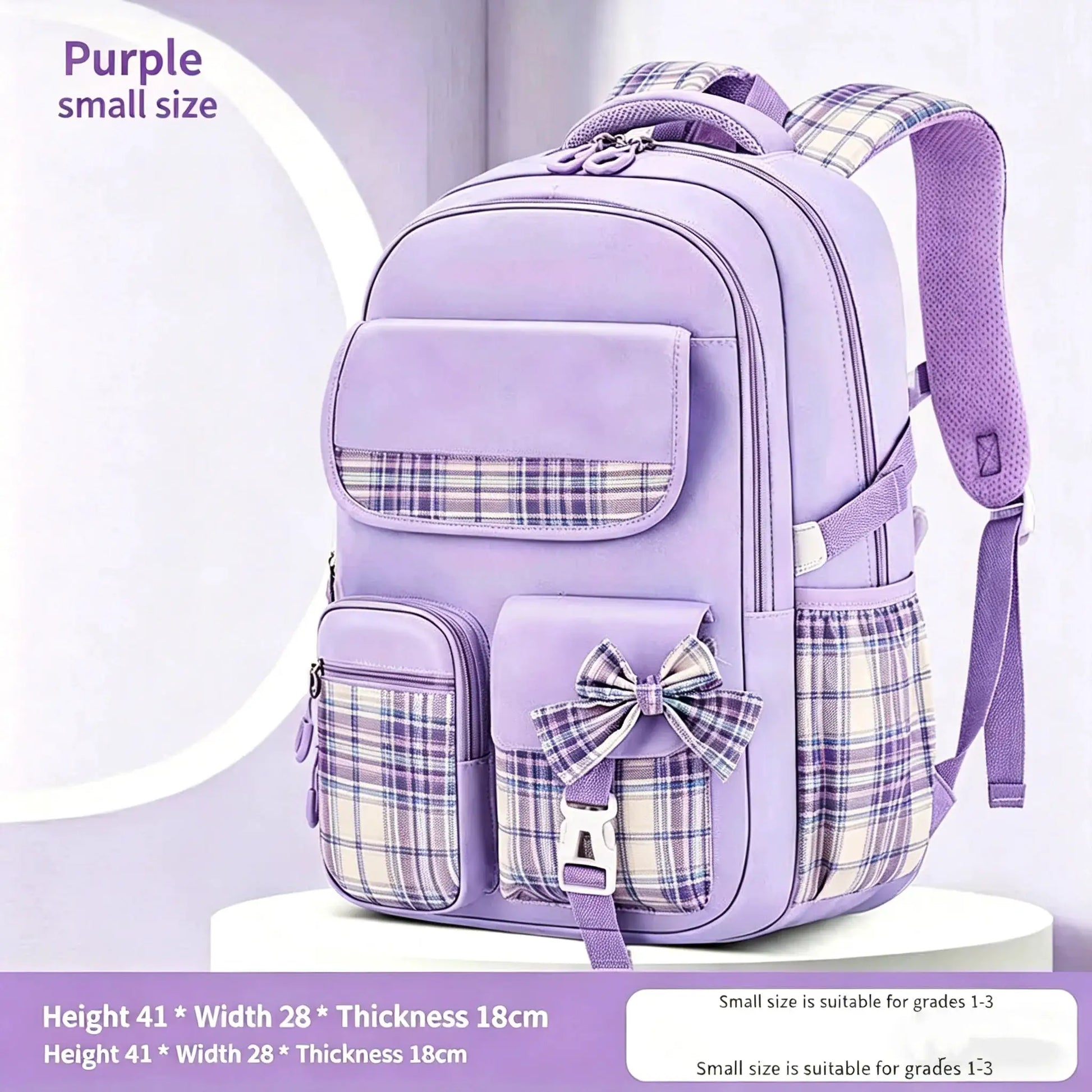 Backpack by Simples Market; purple with plaid accents, lightweight, waterproof, large capacity.