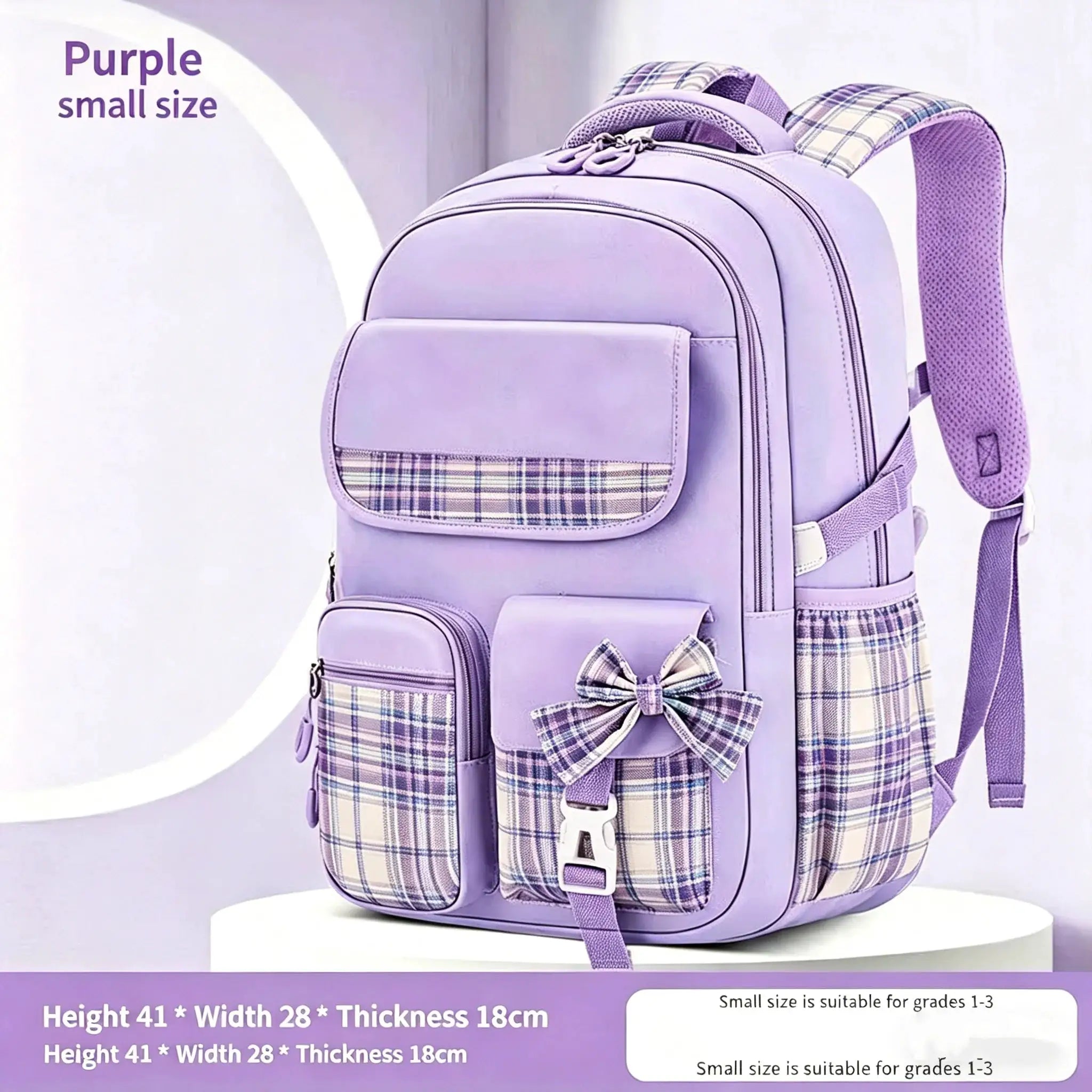 Backpack by Simples Market; purple with plaid accents, lightweight, waterproof, large capacity.