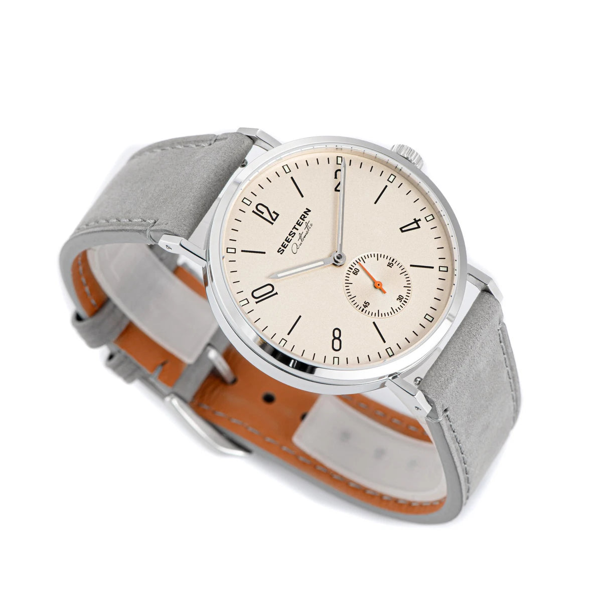 SEESTERN automatic men's watch with beige dial, silver case, gray suede strap with orange lining
