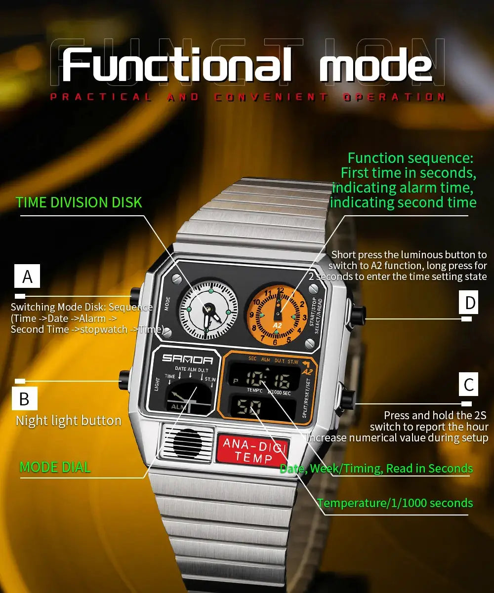 Sanda 3192 Mens Square Digital Analog Watch Waterproof Led Thermometer Stopwatch Sporty Durable Timepiece