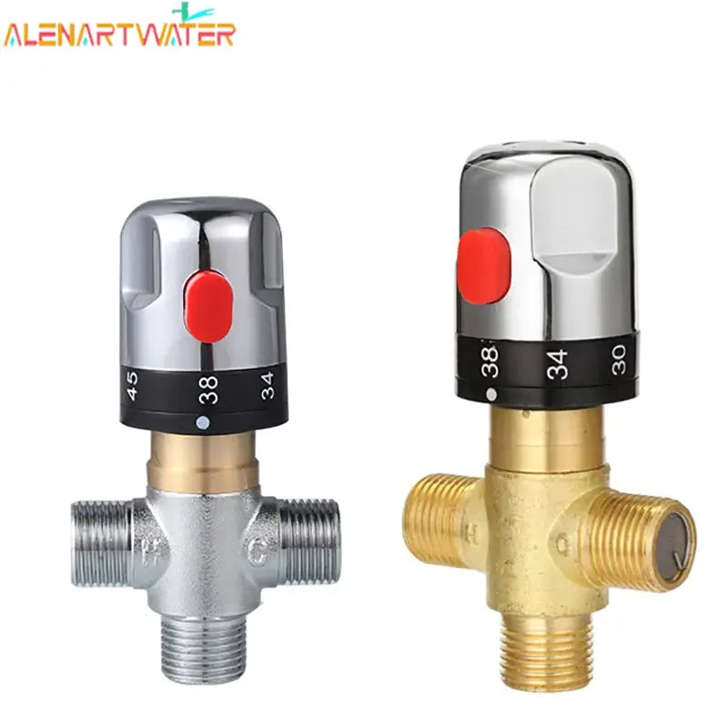 Thermostatic mixing valve pair in chrome and brass with red temperature dial, 4-port shower/tap valves by Simples Market