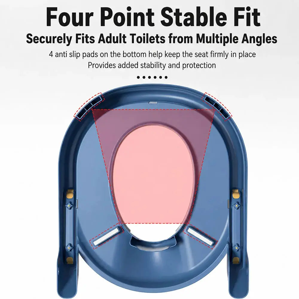 Children's toilet training seat ring, blue outer frame with pink inner insert, four-point stability