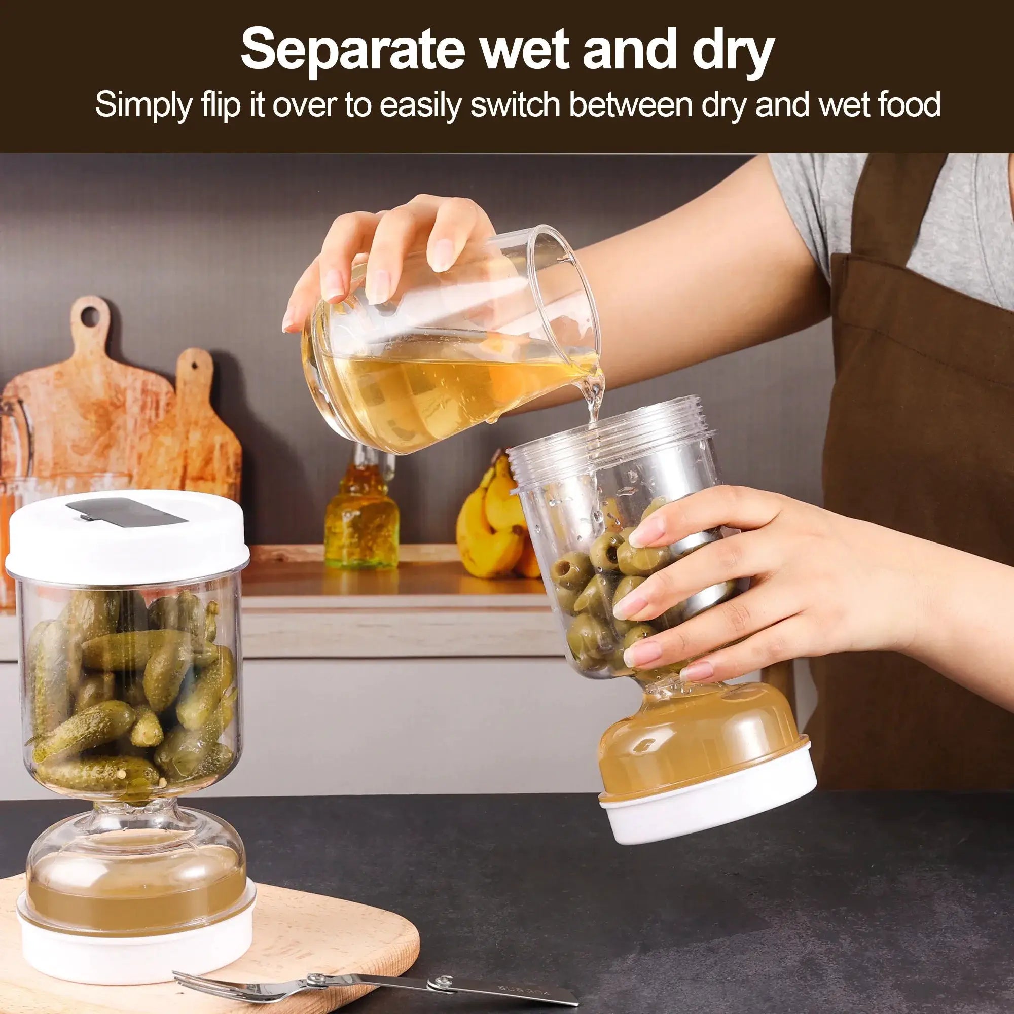 Olive And Pickle Strainer Jar With Hourglass Design Flip Mechanism For Airtight Food Storage