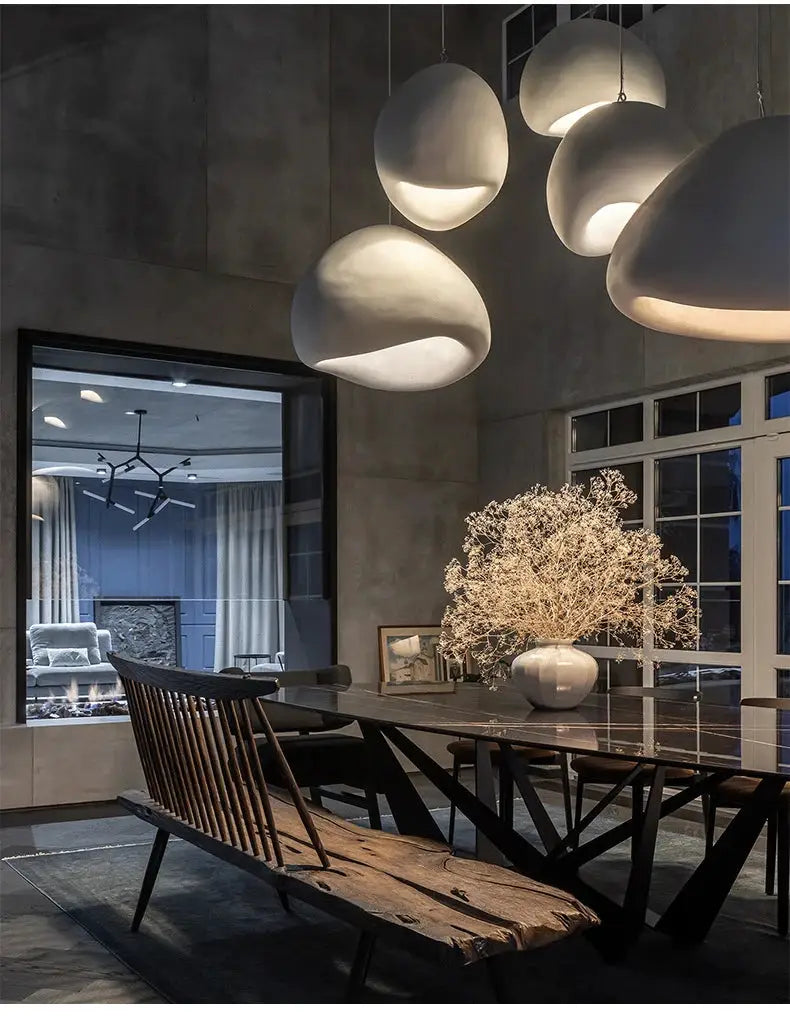 Nordic Wabi Sabi pendant lights by Simples Market, five white ceramic LED ceiling pendants for living and dining rooms.