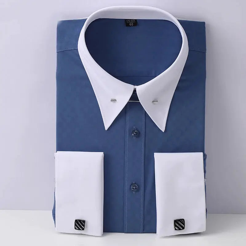 Men's blue dress shirt with white collar, collar pins, and French cuffs with cufflinks, Simples Market.