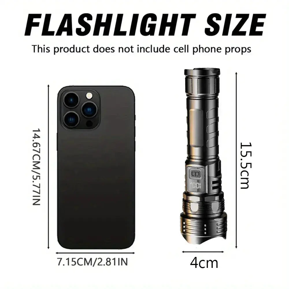 LED flashlight by Simples Market, USB rechargeable 1000LM, waterproof, zoomable; shown with phone for scale (2 items)