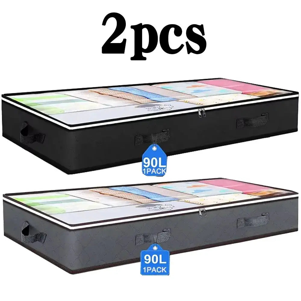 Underbed quilt storage bags, 2-pack, black non-woven with clear top window, dust moisture-proof foldable 100x50x15 cm