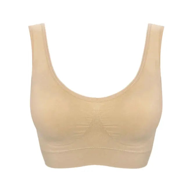 Sports bra beige wireless seamless, double-layer, front ruching, wide straps