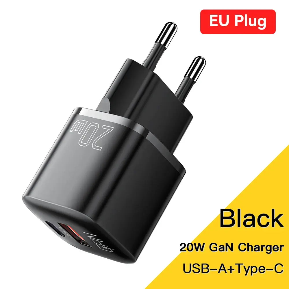 GaN USB-C + USB-A charger, black with EU plug, 20W from Simples Market