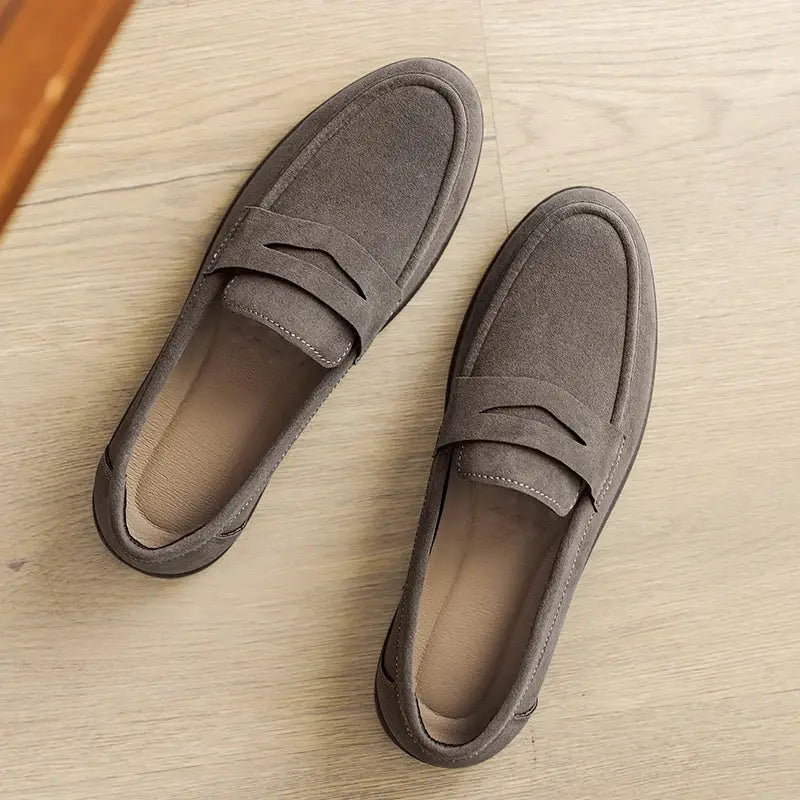 Simples Market men's slip-on loafers, grey suede pair, lightweight breathable casual walking flats.