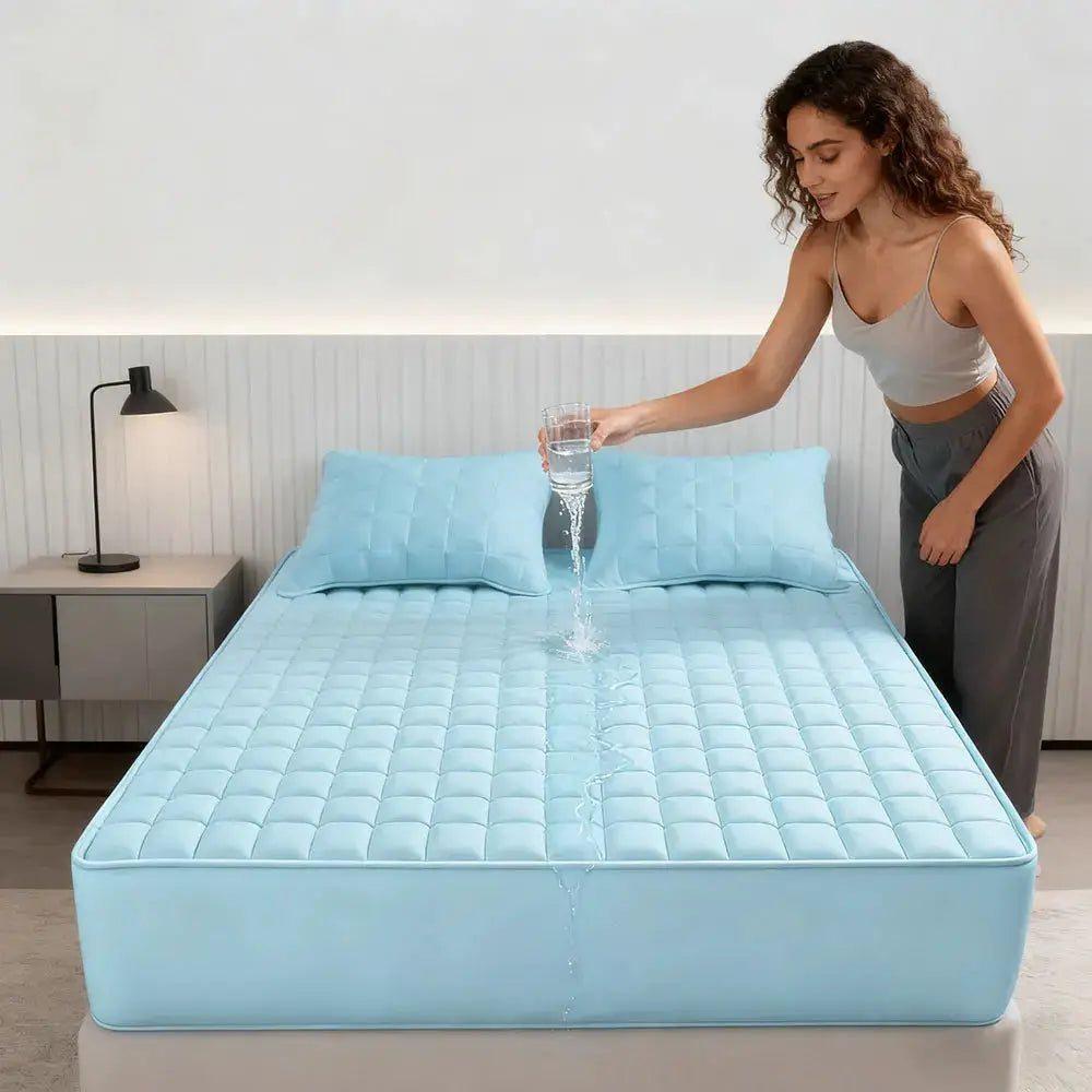 Blue quilted waterproof mattress protector, 1pc, on bed with two matching pillows