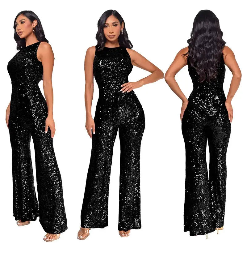 Black sequined jumpsuit for women, sleeveless high-waist with a wide-leg silhouette.
