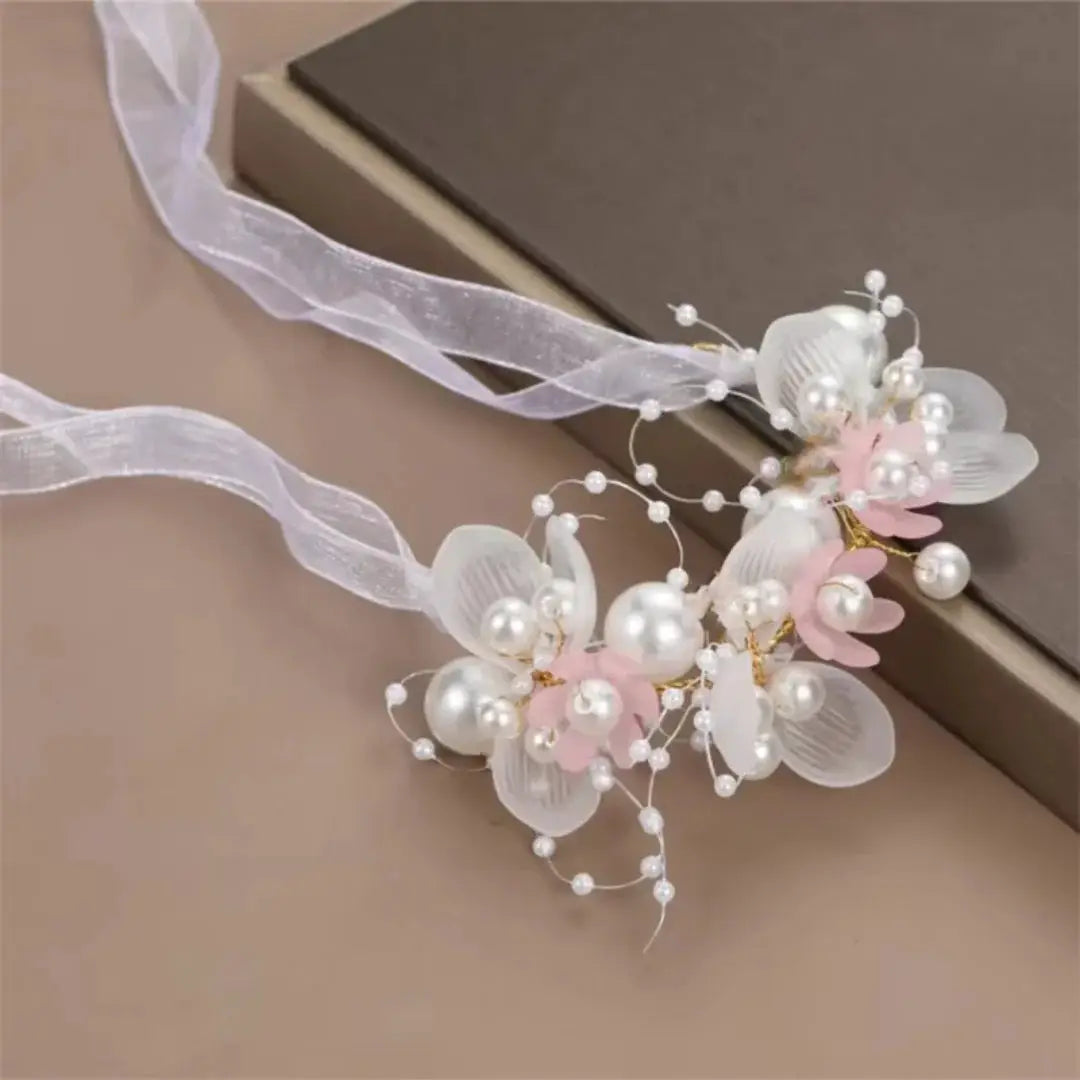 Pearl floral hair crown headband with pink petals and white ribbons, Simples Market