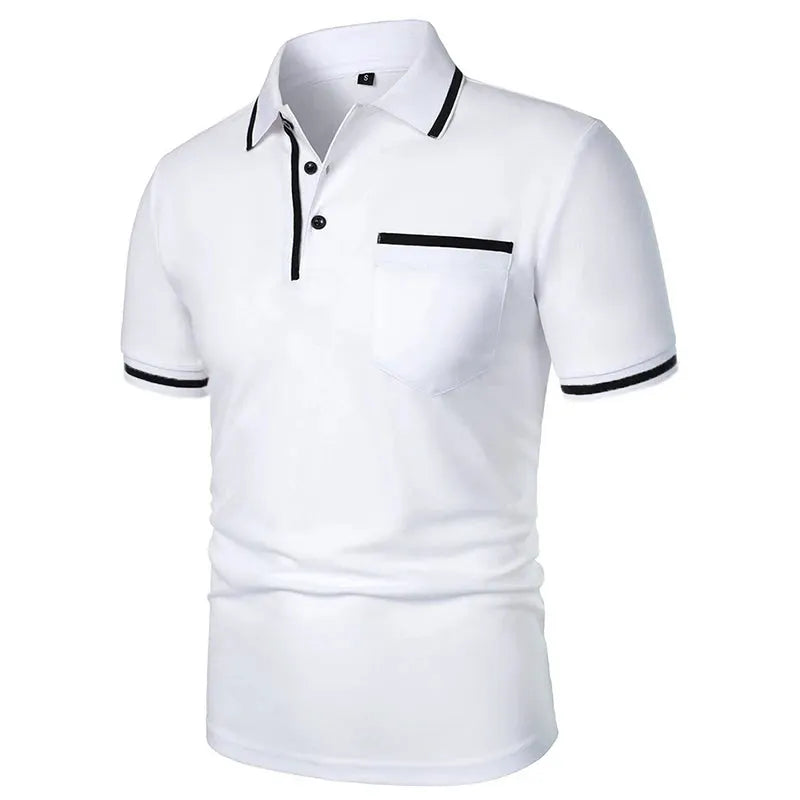Men's white short-sleeve polo shirt by Simples Market with black trim and chest pocket