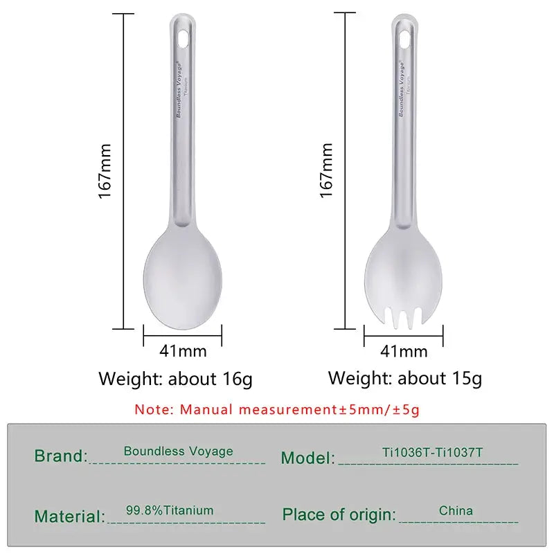 Boundless Voyage Titanium Cutlery Spoon and Spork Set by Simples Market, 2-piece, lightweight camping tableware.