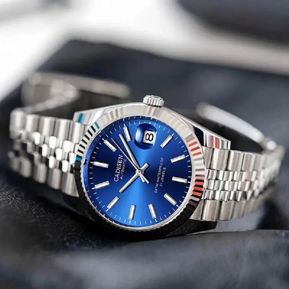 CADISEN men's stainless steel automatic watch with blue dial and date window
