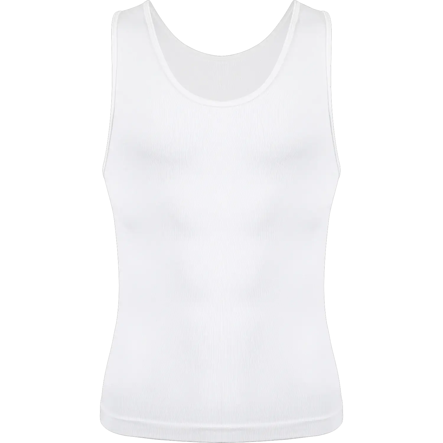 Men's shapewear tank top in white with tummy control and cross-elastic compression.