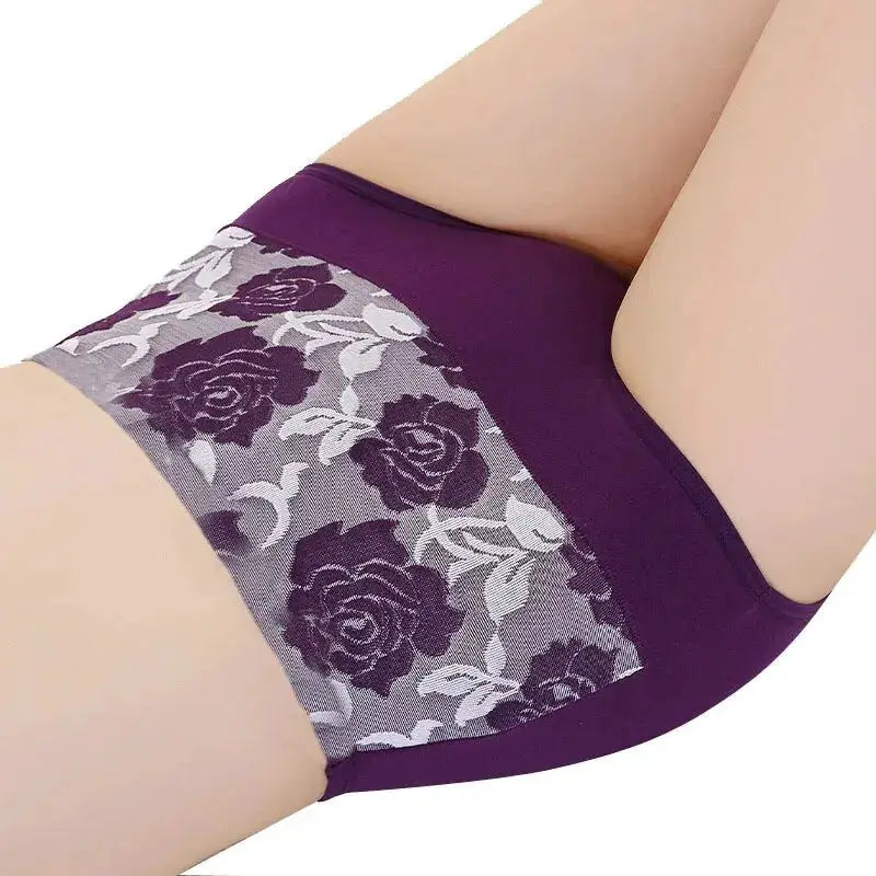 High-waist cotton panties for women, purple with gray floral lace panel, breathable underwear