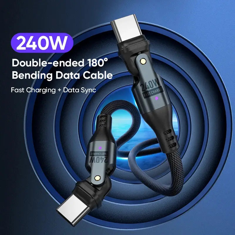 Type C to Type C 240W USB Cable 5A Fast Charging 180 Degree Elbow Design for Huawei MacBook Samsung Oppo