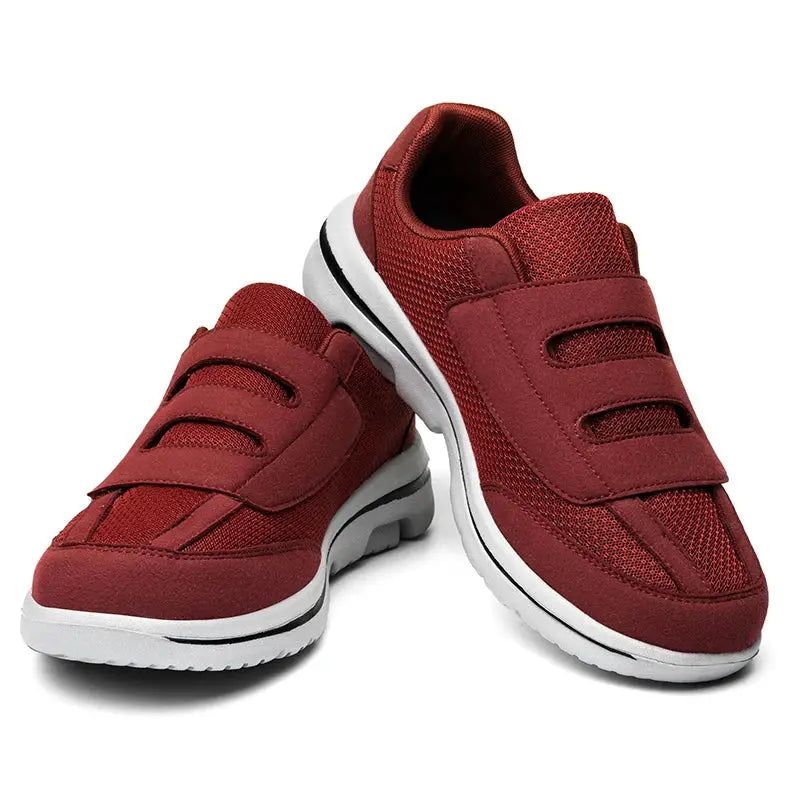 Simples Market pair of wide toe sneakers for swollen feet, red mesh upper with two Velcro straps and white sole