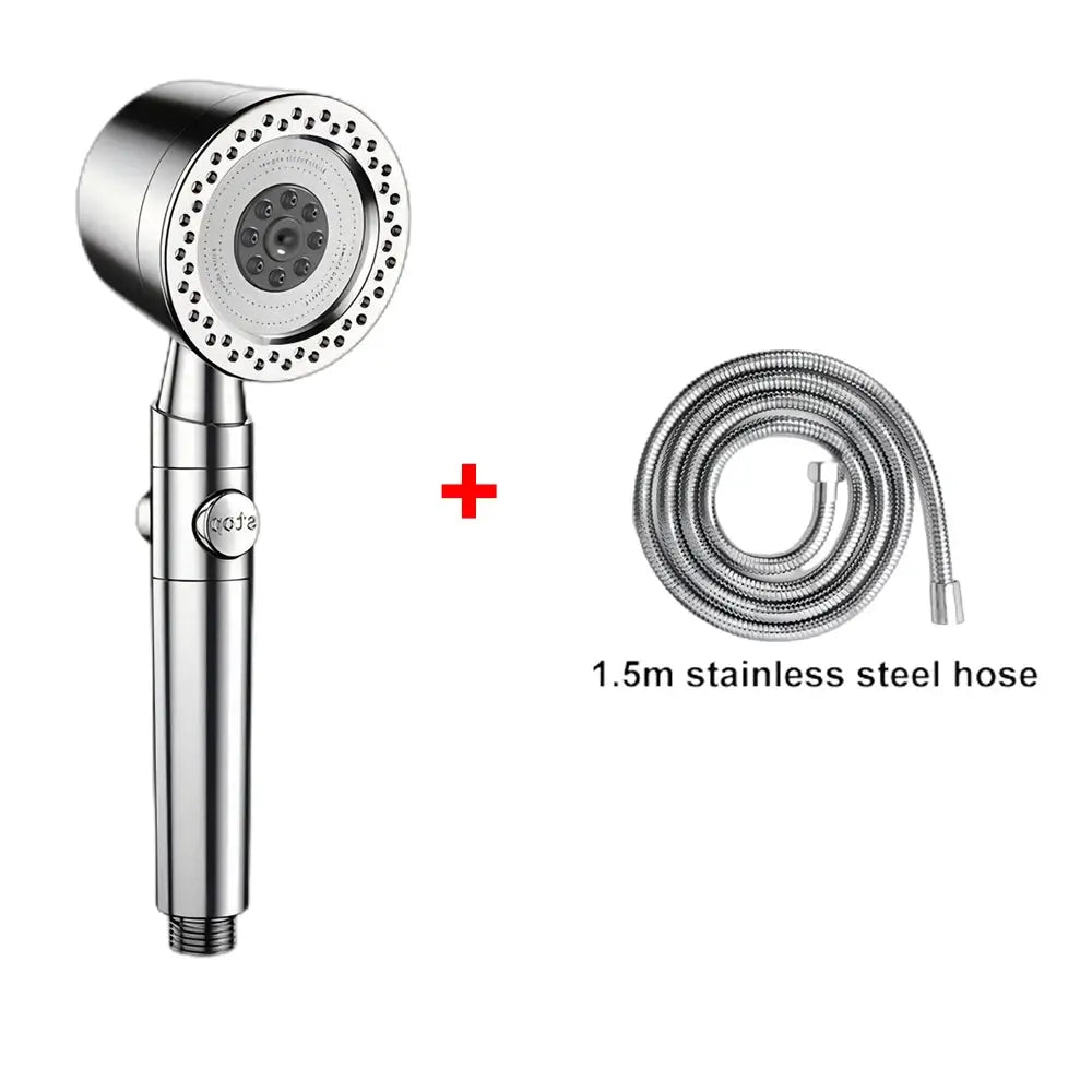 Handheld stainless steel shower head with 1.5m hose; 5-mode high-pressure rain shower set