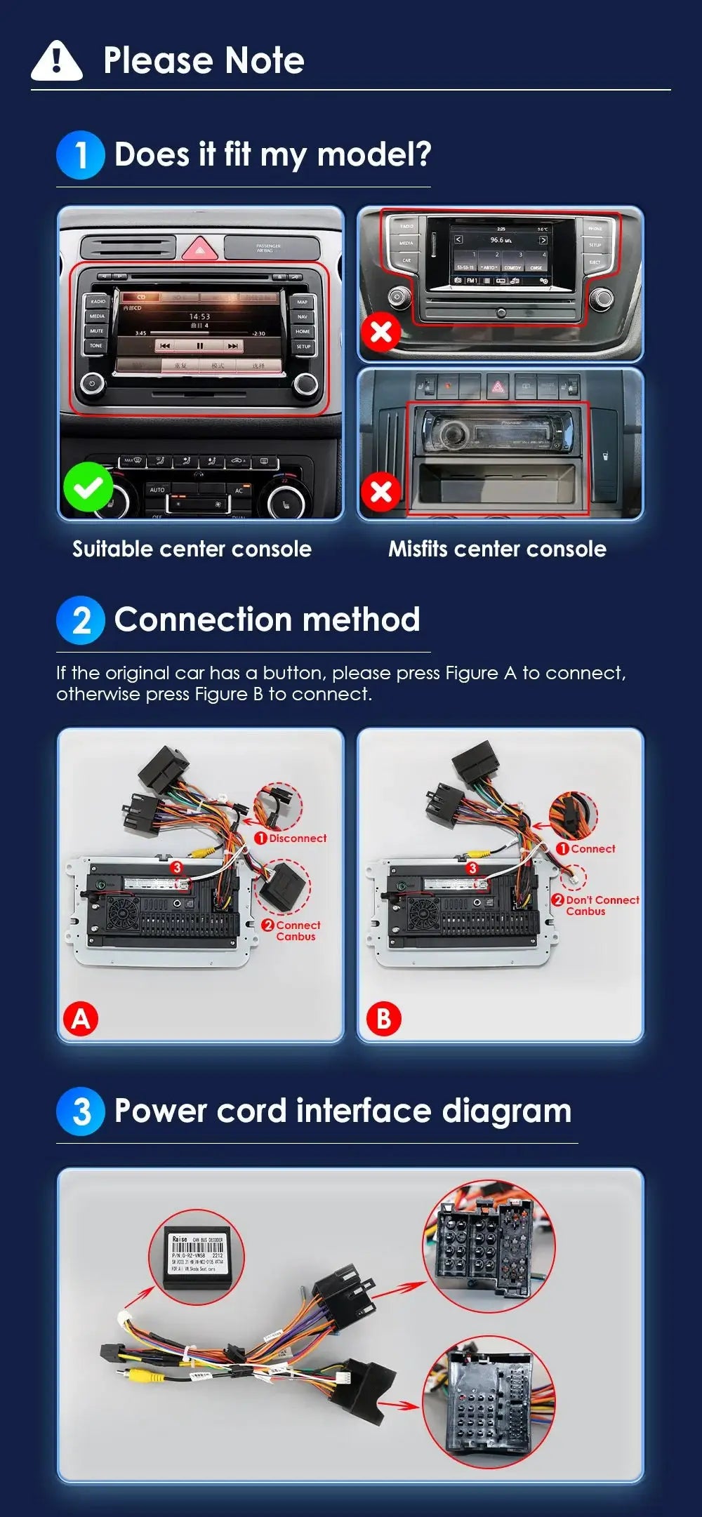 2Din Android car radio installation guide by Simples Market for VW/Skoda, showing fit check, wiring, and power cord diagrams