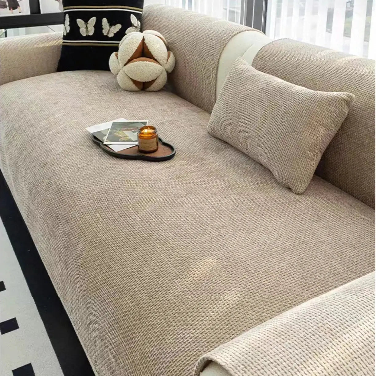 Sofa cover by Simples Market, beige solid weave jacquard, anti-slip for all-season use.