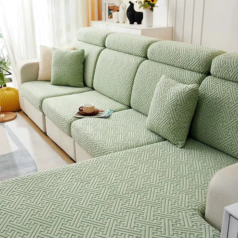 Simples Market thickened sofa slipcover for sectional in light green jacquard pattern, stretch fit