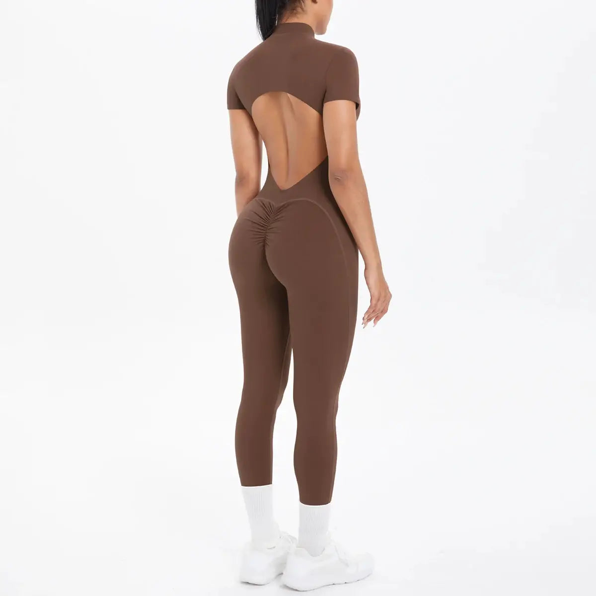 Simples Market brown backless short-sleeve one-piece jumpsuit with rear cut-out