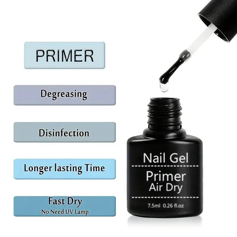 Simples Market gel nail kit with clear base coat and top coat; primer bottle with dropper shown