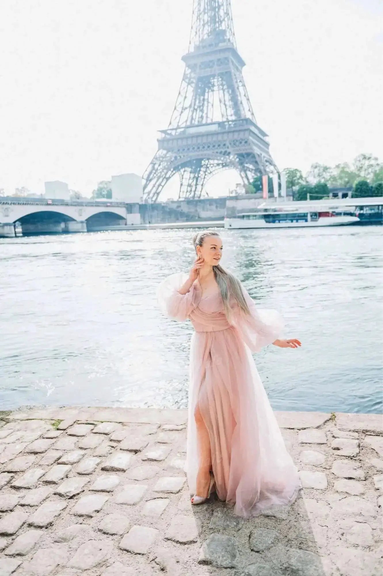 Bafftafe Pink Shiny Tulle Prom Dress Off Shoulder Puff Sleeve Dress