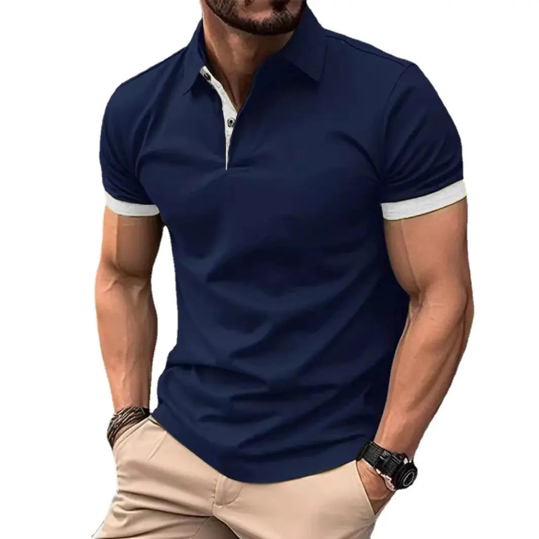 Summer men polo shirt navy with white contrast trim on sleeves and placket
