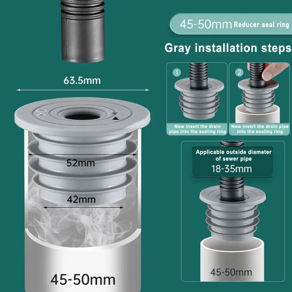 Gray washing machine drain pipe seal by Simples Market, adjustable 45–50mm reducer ring